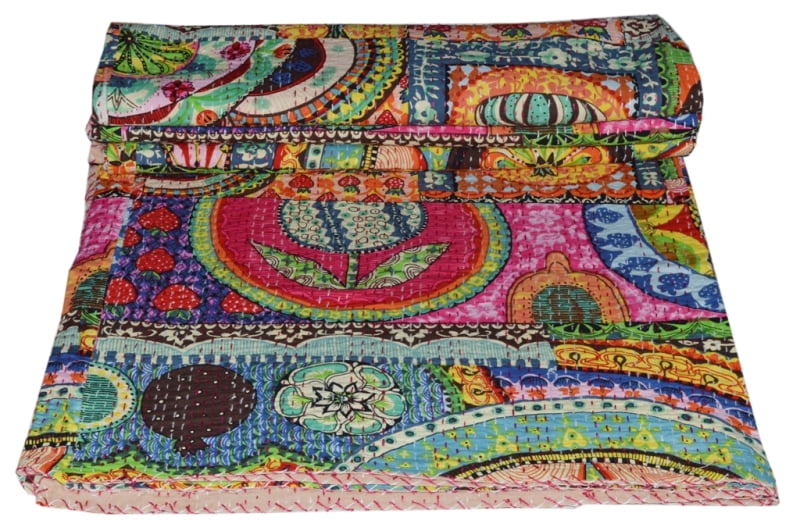 indian multi patchwork cotton kantha quilt Bedding throw sofa coverlet bedspread single size Handmade vintage blanket, 60 X 90 Inches