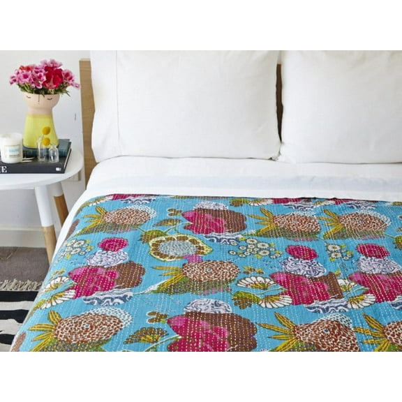 indian pure cotton kantha quilt Bedding throw sofa coverlet bedspread single size Handmade vintage blanket, fruit print