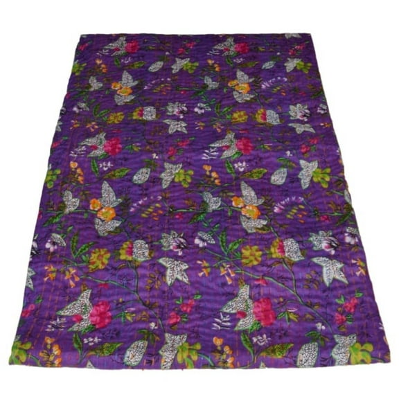 indian purple paradise print cotton kantha quilt Bedding throw sofa coverlet bedspread single size Handmade vintage blanket, 60 X 90 Inche