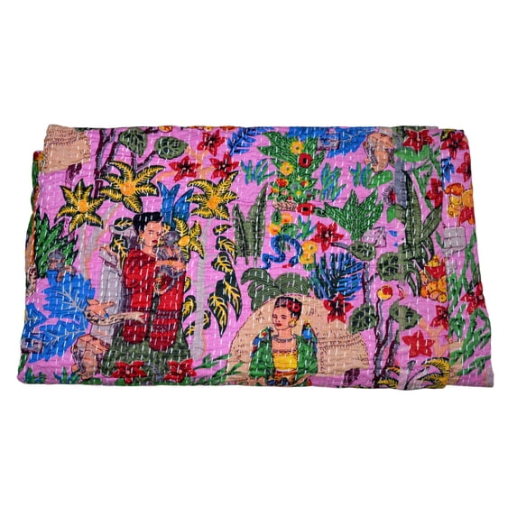 indian quilts single size, Handmade Kantha Quilt Cotton Bedspread, Indian Vintage Kantha Throw Blanket, Reversible Floral Patchwork Quilt