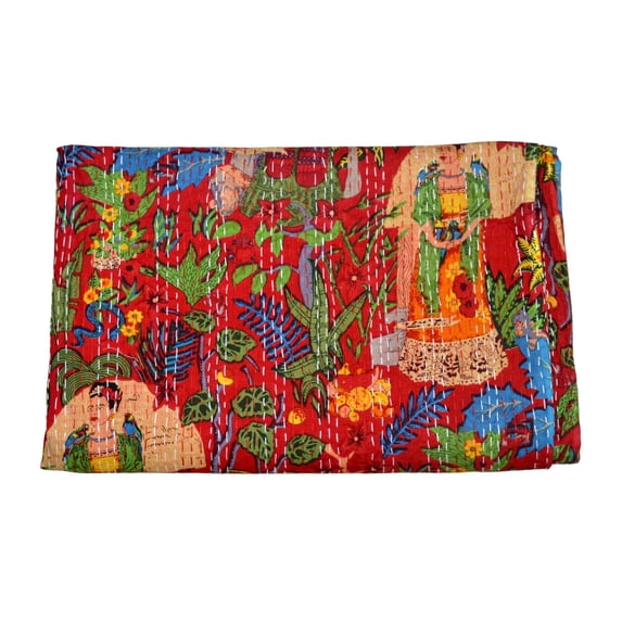 indian quilts single size, Handmade Kantha Quilt Cotton Bedspread, Indian Vintage Kantha Throw Blanket, Reversible Floral Patchwork Quilt