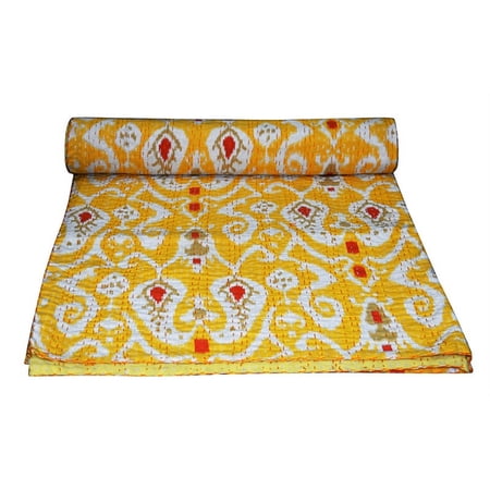 indian yellow ikat print cotton kantha quilt Bedding throw sofa coverlet bedspread single size Handmade vintage blanket, 60 X 90 Inches