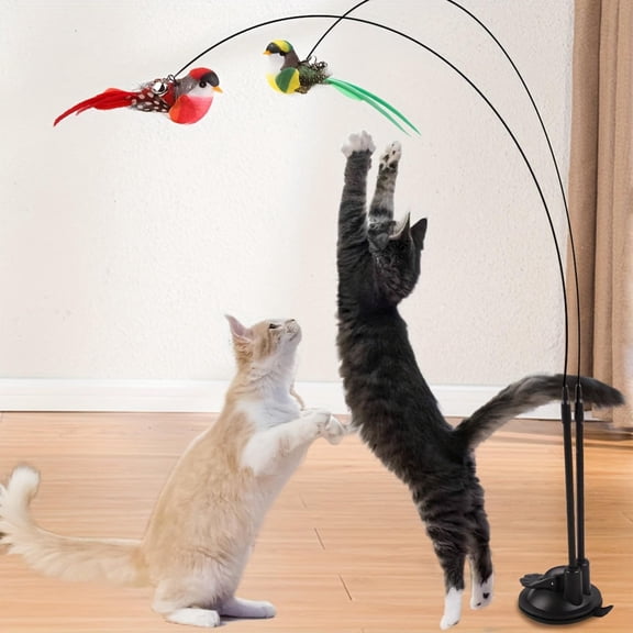 interactive Cat toys for indoor Cats, Chirping Bird Cat toy, Cat Feather toy, Flexible Steel Wire, Floor Mounting, Quiet Hours, Black Base, 2 Pc