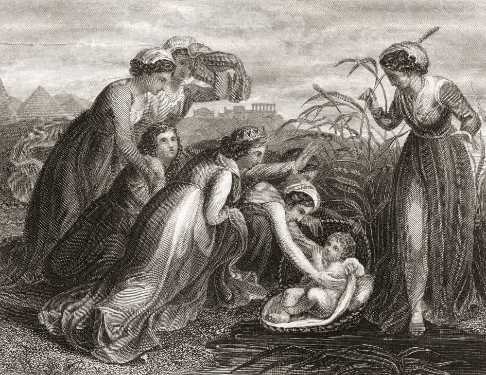 The infant Moses is found in the bulrushes on the river bank by the Pharaohs daughter From a 19th century print Canvas Art - Ken Welsh Design Pics (16 x 12)