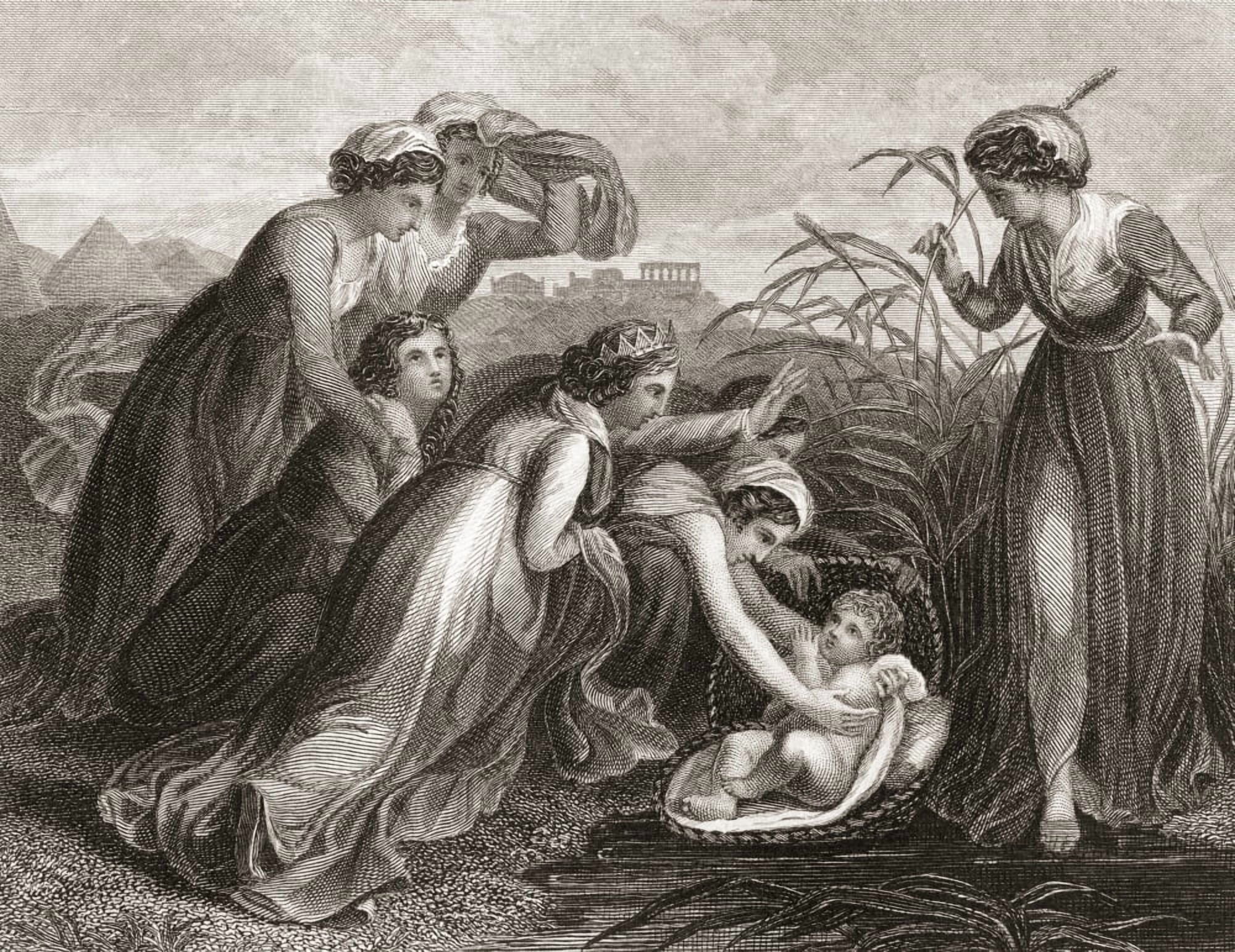 The infant Moses is found in the bulrushes on the river bank by the Pharaohs daughter From a 19th century print Canvas Art - Ken Welsh Design Pics (32 x 24)