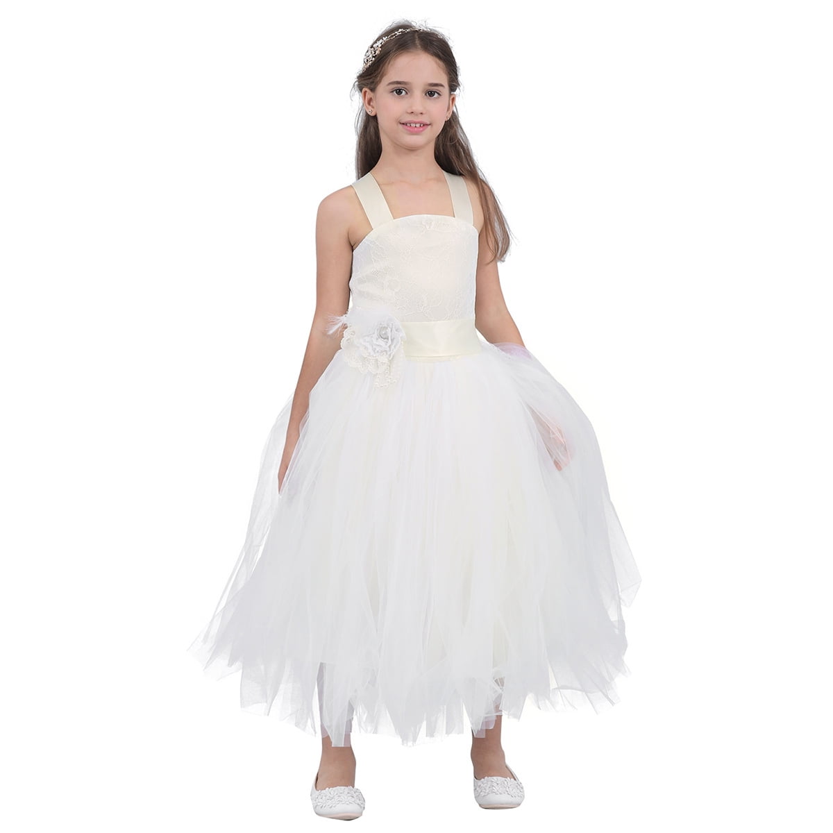 Baby Girls Dress with Floral Bodice & Bow - PC-1025 - Ivory