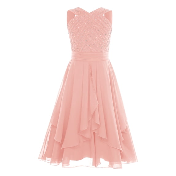 inhzoy Ball Gown For Girl High Waist Pleated Dress With Rhinestones For Wedding Communion Birthday Pink 6
