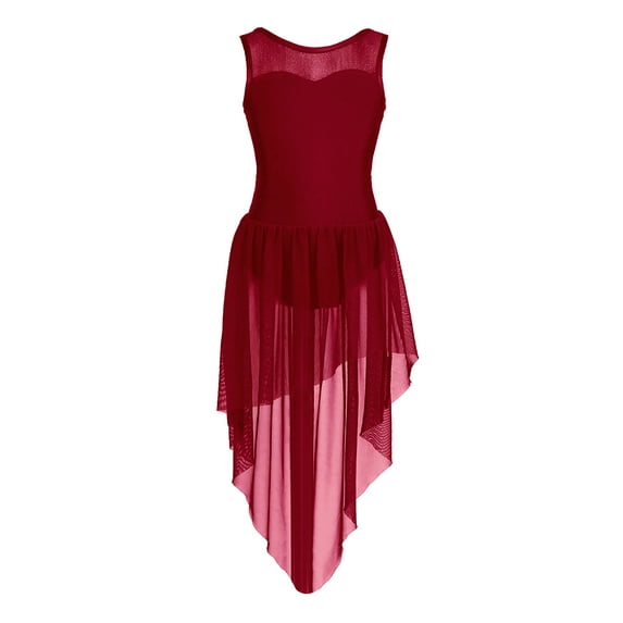 inhzoy Big Girls Lyrical Dance Dress Leotard High Low Wrap Skirt Ballet Dancewear Burgundy 14