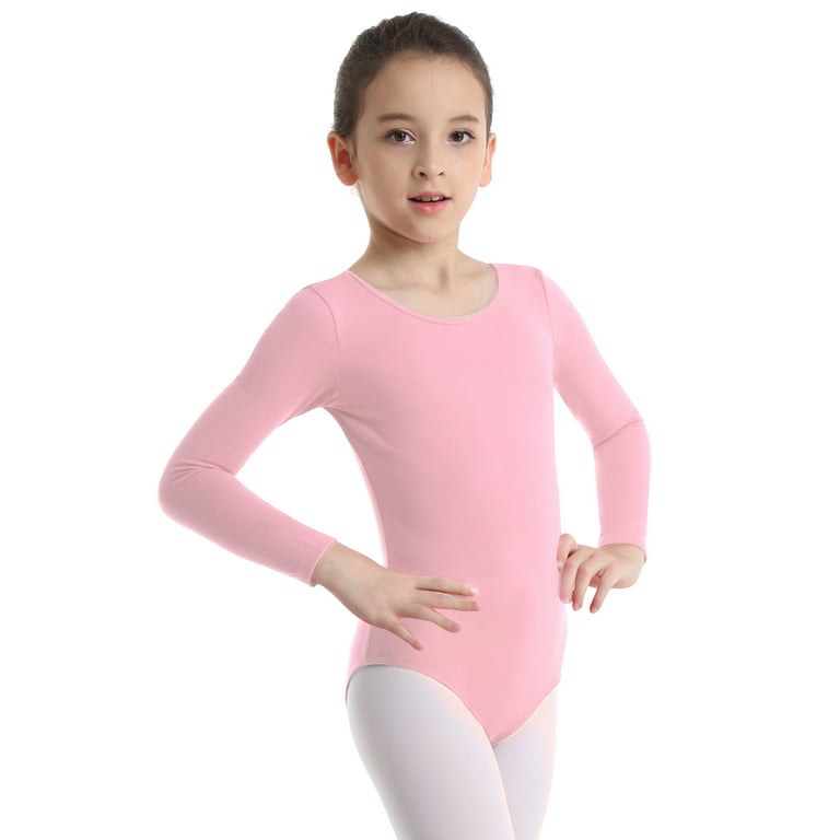 inhzoy Big Girls Solid Basic Long Sleeve Ballet Gymnastic Leotard Pink 6 