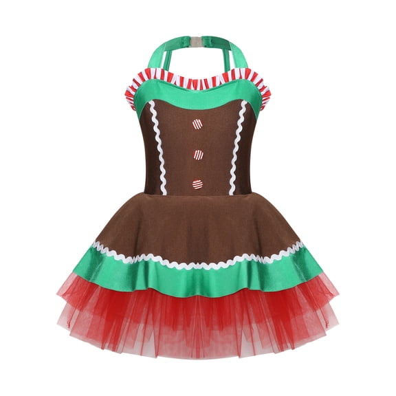 inhzoy Cute Gingerbread Man Dress-Up for Girls Halter Neck Christmas Ballet Tutu Dress Dancewear Brown 4