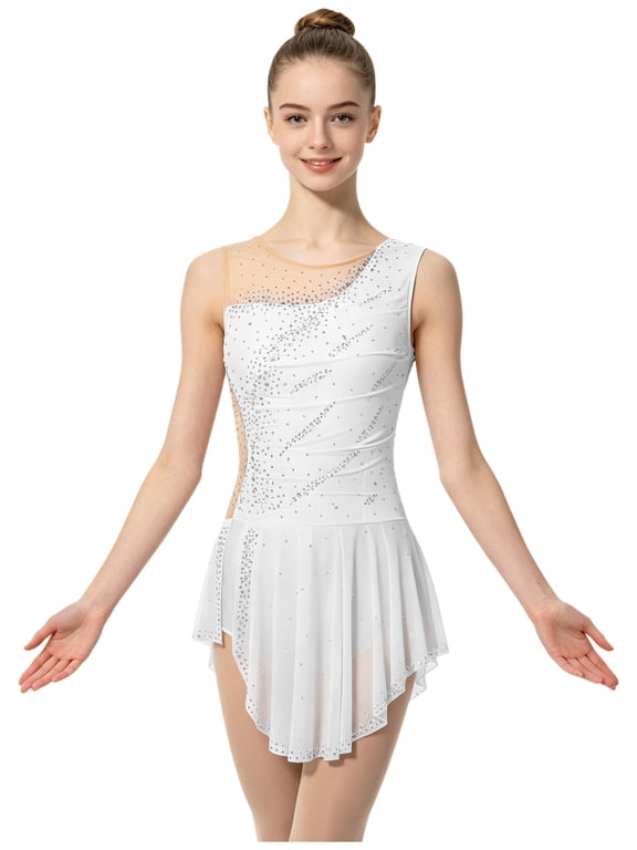 Figure Skating Dress for Women Sleeveless Competition Dance Dresses White XS