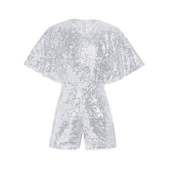 inhzoy Flower Girls Shiny Sequin Jumpsuits Short Sleeves Short Pants Sets Evening Party Festive Romper Silver 12
