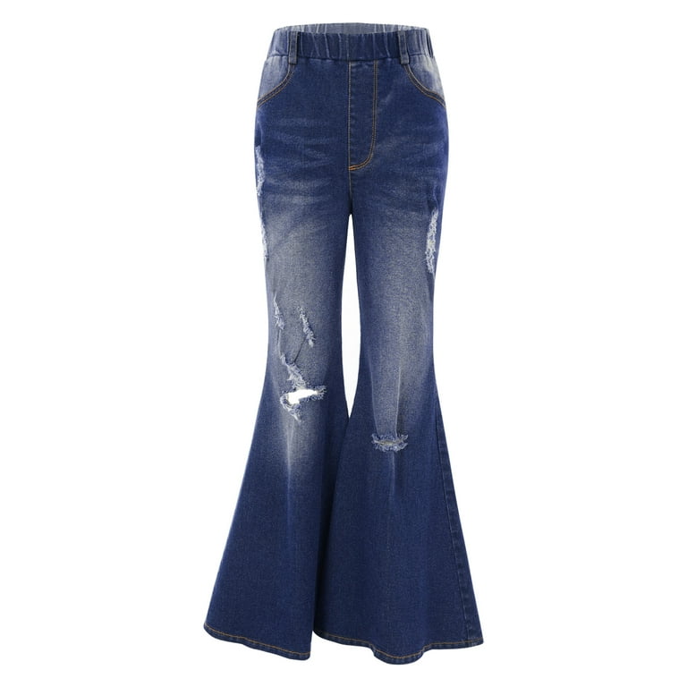 inhzoy Girls Bell Bottom Ripped Jeans Kids Bell-Bottoms Ruffle Trousers  Dark Blue 8