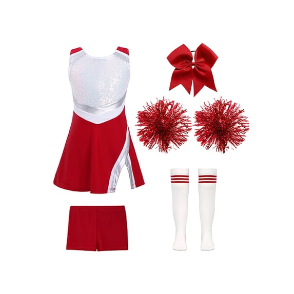 inhzoy Girls Cheerleading Outfit Carnival Cheer Leader Dress with Shorts Pompom Socks Headwear B Red 14