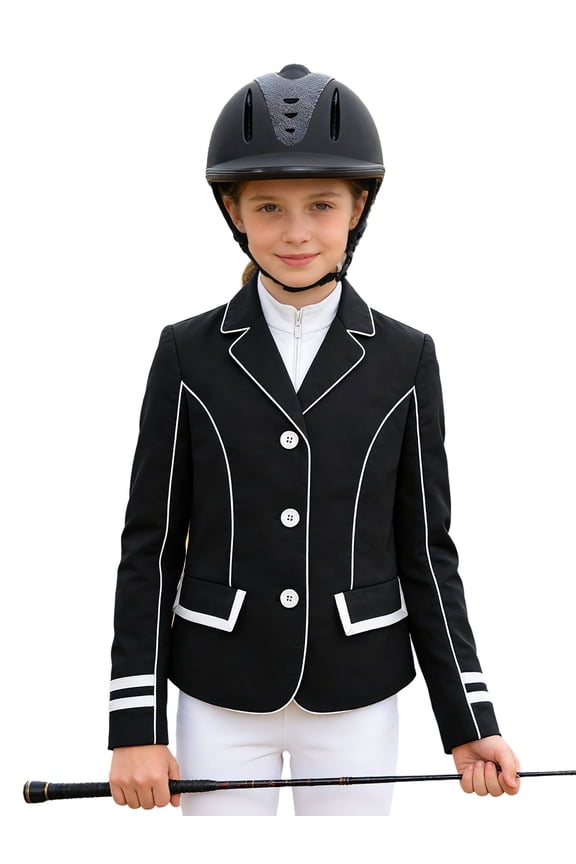 Girls Contrast Trim Equestrian Blazer Button Horse Riding Jacket Equestrian Competitor Outwear Shirts Black 16
