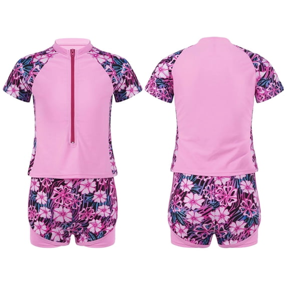 inhzoy Girls Floral 2 Pieces Rashguard Sets Short Sleeve Shirts with Booty Shorts