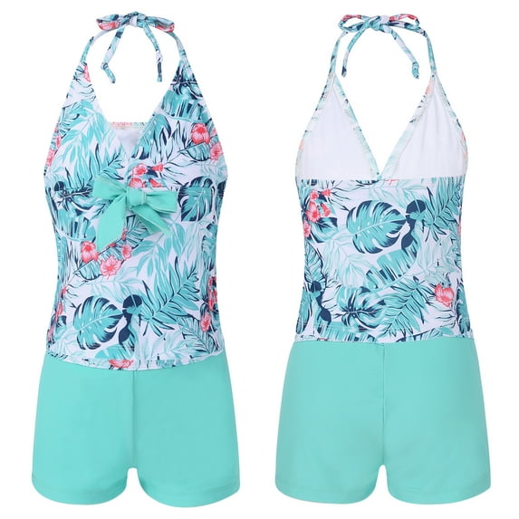 inhzoy Girls Halter Neck Tankini Swimsuit Set Cutout Printed Bikini Top Bottom Swimwear