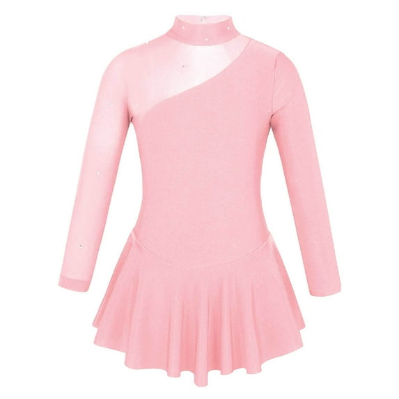 inhzoy Girls High Neck Ice Skating Dress Figure Roller Skating Leotard Tutu Skirt Pearl Pink 14