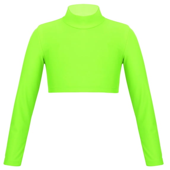 inhzoy Girls Jazz Dance Gymnastics Crop Tops T-shirt Mock Neck Long Sleeve Shirt,Sizes 6-16 Fluorescent Green 10