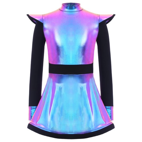 inhzoy Girls Kids Alien Robot Outfits Playwear Shiny Gloss Holographic Long Sleeve Dress for Stage Performance Colorful 10
