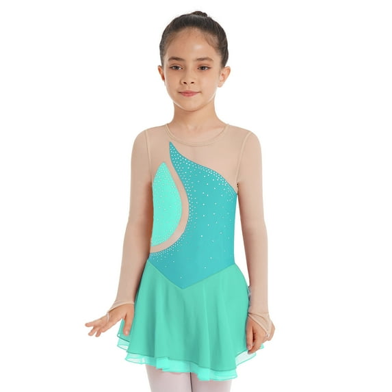 inhzoy Girls Kids Sparkly Rhinestone Mesh Spliced Figure Ice Skating Dress Mint Green 6