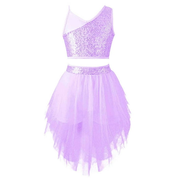 inhzoy Girls Lyrical Ballet Dance Leotard Tutu Dress Sequins Crop Top Mesh Irregular Skirt Dancewear