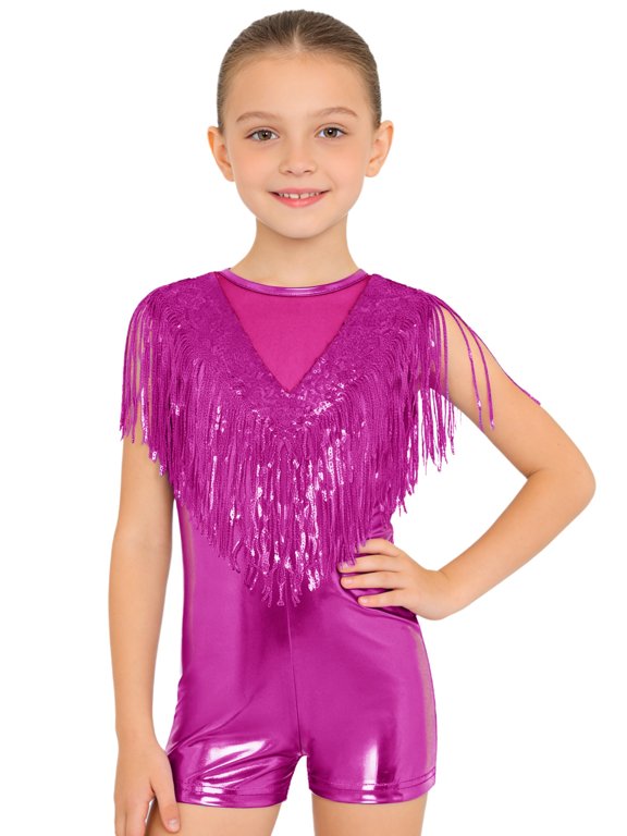Girls Metallic Gymnastics Leotard Sequin Dancewear Shiny Dance Suit Sparkly Jumpsuit Cha-cha Bodysuit Hot Pink 6