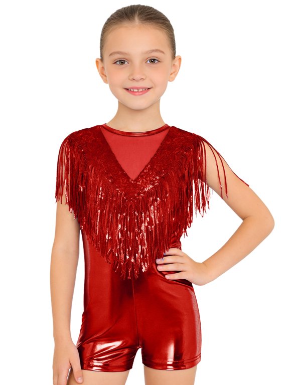 Girls Metallic Gymnastics Leotard Sequin Dancewear Shiny Dance Suit Sparkly Jumpsuit Cha-cha Bodysuit Red 6