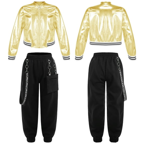 inhzoy Girls Metallic Long Sleeve Baseball Jacket with Jogger Cargo Pants Set