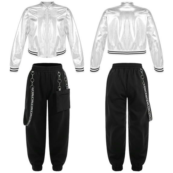 inhzoy Girls Metallic Long Sleeve Baseball Jacket with Jogger Cargo Pants Set