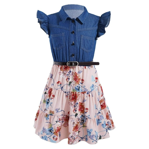 inhzoy Girls One-Piece Lapel Collar Flying Sleeve Denim Top A-line Dress Pink 10