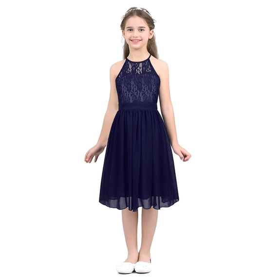 inhzoy Girls' Princess Halter Neck Lace Chiffon A-Line Junior Bridesmaid Dress Navy Blue 14