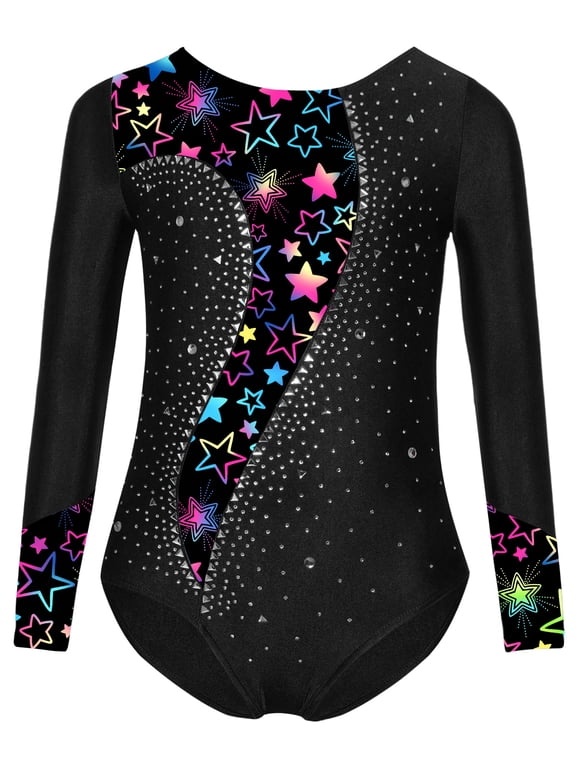 Girls Printed Patchwork Gymnastics Leotards Kids Athletic Dancewear Long Sleeve Crotch Button Jumpsuit Black 6
