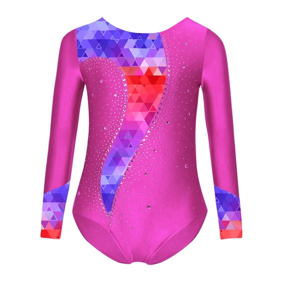 inhzoy Girls Printed Patchwork Gymnastics Leotards Kids Athletic Dancewear Long Sleeve Crotch Button Jumpsuit Light Hot Pink 14