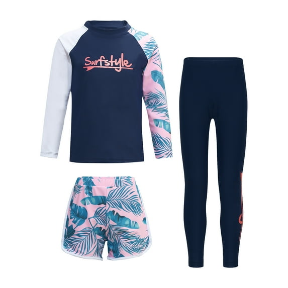 inhzoy Girls Rash Guard Set Quickly Drying Bathing Suit Long Sleeve Shirts with Pants Bottoms for Navy Blue&Pink 4