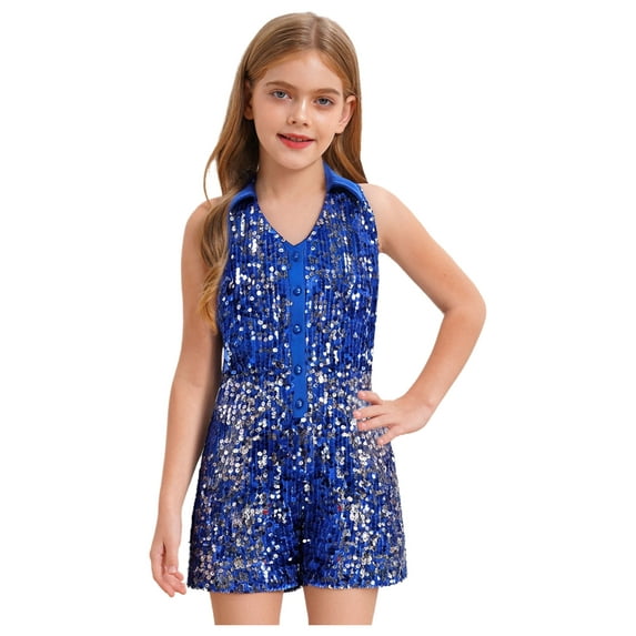 inhzoy Girls Sequin Romper Jumpsuit Sparkly Sleeveless Prom Concert Party Outfit Dancing Leotard Royal Blue 14