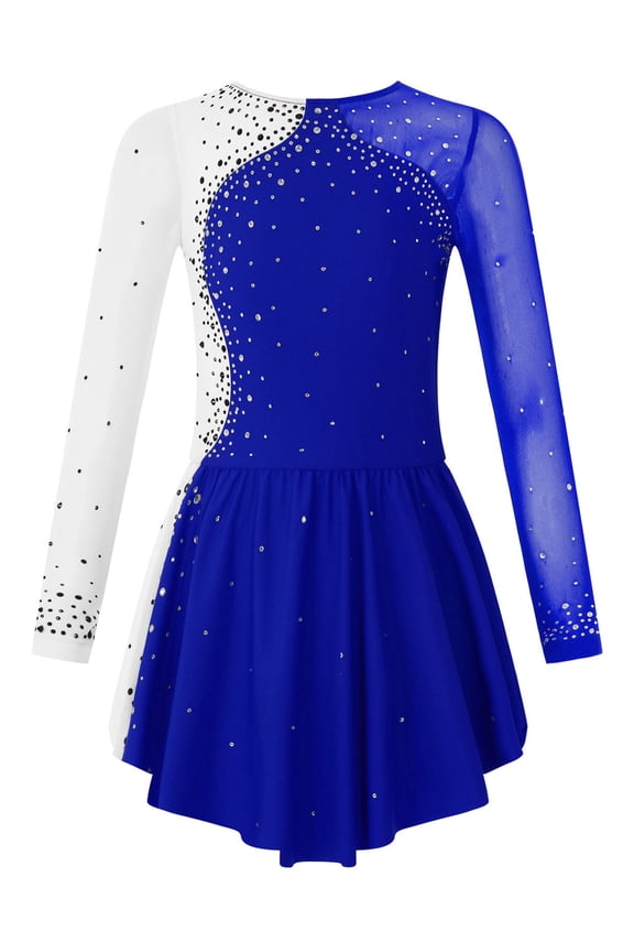 Girls Sequins Long Sleeve Figure Ice Skating Dresses Mesh Patchwork Gymnastic Leotards Competition Dance Costumes