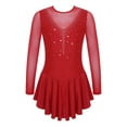thumbnail image 1 of inhzoy Girls Shiny Rhinestone Mesh Splice Long Sleeve Figure Ice Skating Dress Burgundy 14, 1 of 7