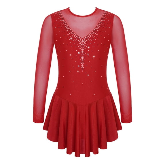 inhzoy Girls Shiny Rhinestone Mesh Splice Long Sleeve Figure Ice Skating Dress Burgundy 6