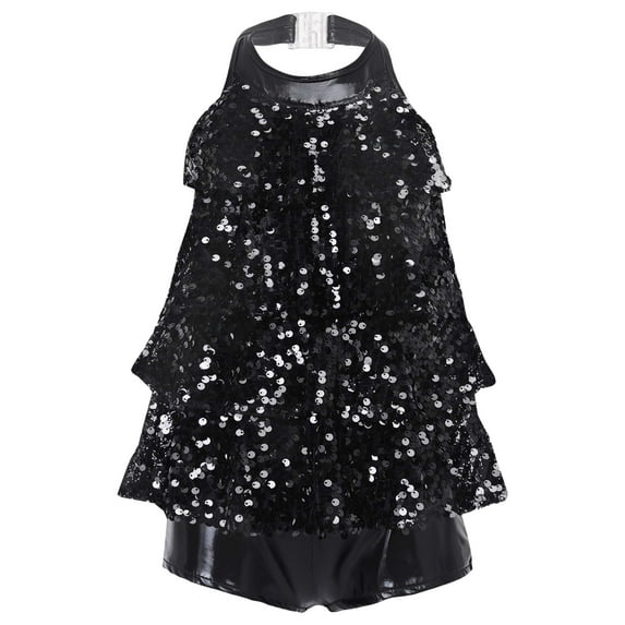 inhzoy Girls Shiny Sequined Gymnastic Leotard Modern Jazz Latin Ballet Dance Dress Ruffles Tutu Skirts Black 6