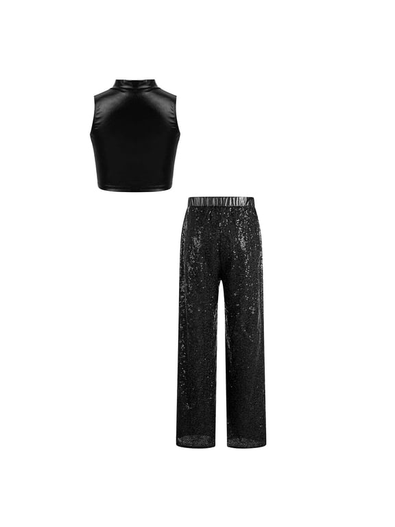 Girls Street Dance Outfit Sequins Crop Tops With Metallic Pants Sets For Themed Party Club Streetwear Black 6