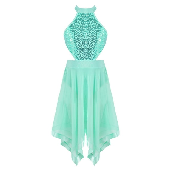 inhzoy Kid Girls Sequins Sleeveless Contemporary Ballet Dance Dress Halter Neck Lyrical Dance Wear Mint Green 4