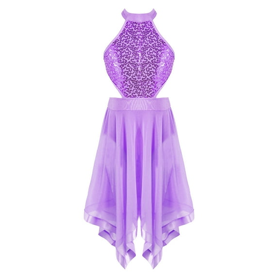 inhzoy Kid Girls Sequins Sleeveless Contemporary Ballet Dance Dress Halter Neck Lyrical Dance Wear Purple 4