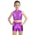 thumbnail image 1 of inhzoy Kids Big Girls 2PCs Gymnastic Dance Outfit Sets Shiny Metallic Crop Top with Shorts,Sizes 6-14 Purple 14, 1 of 7