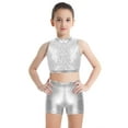 thumbnail image 1 of inhzoy Kids Big Girls 2PCs Gymnastic Dance Outfit Sets Shiny Metallic Crop Top with Shorts,Sizes 6-14 Silver 12, 1 of 7