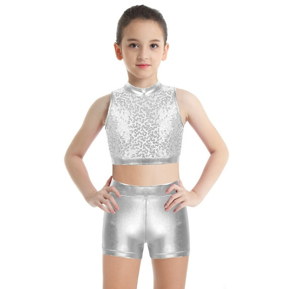 inhzoy Kids Big Girls 2PCs Gymnastic Dance Outfit Sets Shiny Metallic Crop Top with Shorts,Sizes 6-14 Silver 12