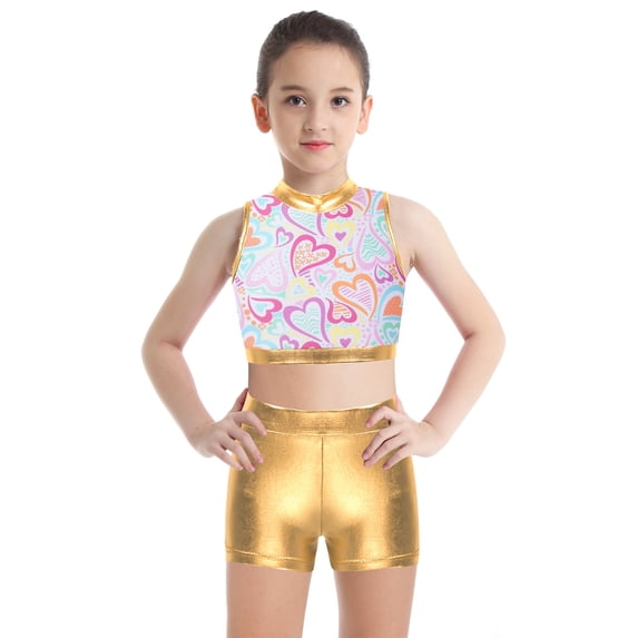 inhzoy Kids Big Girls 2PCs Gymnastic Dance Outfit Sets Shiny Metallic Crop Top with Shorts,Sizes 6-14 Yellow 12