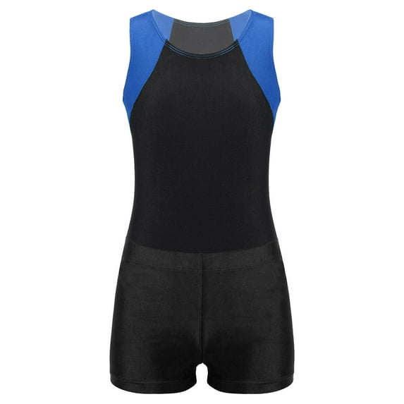 inhzoy Kids Boys 2PCs Gymnastic Sports Suit Sleeveless Tank Leotard Unitard with Shorts 6-16 Royal Blue&Black 14