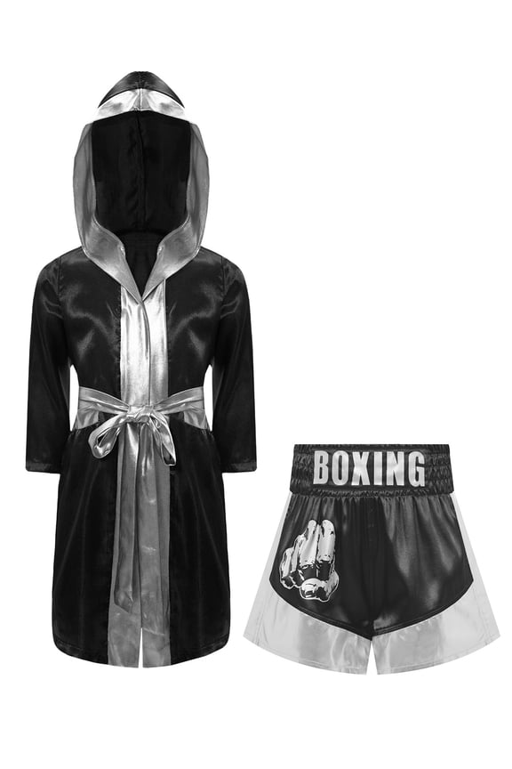 Kids Boys Boxing Uniform Set Metallic Satin Hooded Boxing Robe and MMA Shorts Boxer Roleplay Outfit Black&Silver 12