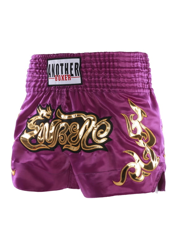 Kids Boys Muay Thai Shorts Metallic Letter Side Slit Boxing Short Mma Martial Arts Kickboxing Trunks Purple XS